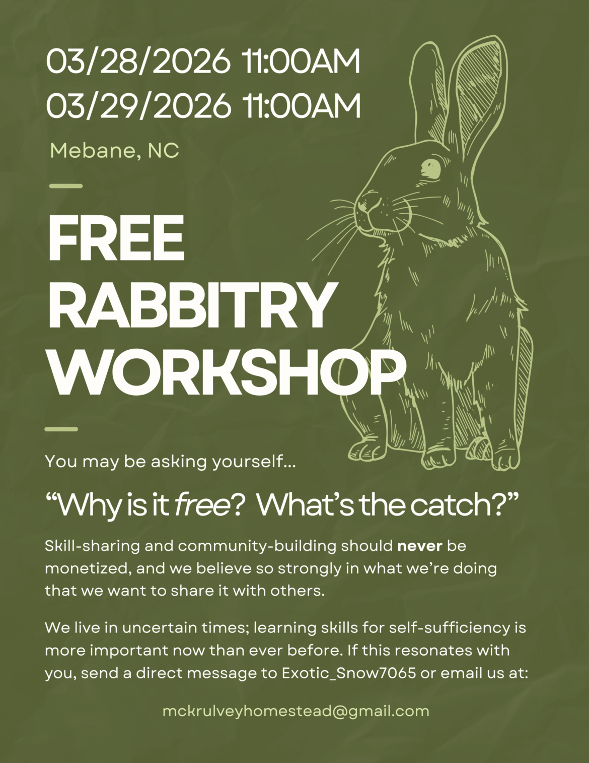 Free Rabbitry Workshop (3/28 and 3/29 @ 11AM) in Mebane, NC