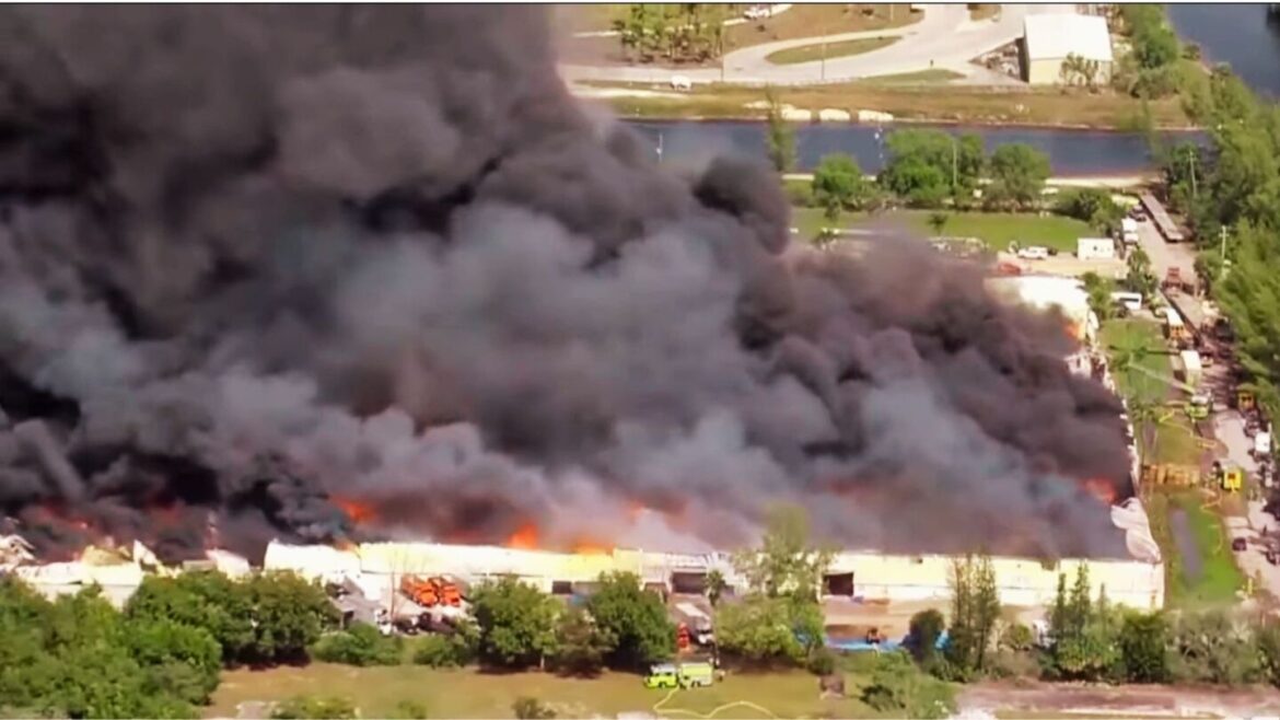 Four-alarm warehouse fire near Miami Gardens draws massive response