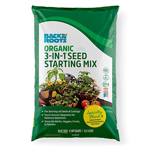Back to the Roots 3-In-1 Seed Starting Mix 12 Quarts, 100% Organic &amp; Usa Made for Herbs, Veggies, Flowers, W/ Nutrient Rich Plant Food, Worm-Castings, &amp; Moisture Controlling Yucca Brown