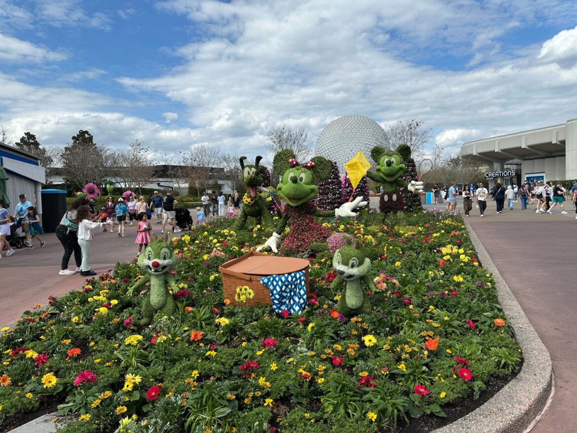 PHOTOS: See All the Topiaries at the 2026 EPCOT International Flower & Garden Festival A large topiary display features Mickey, Minnie, Pluto, and Chip