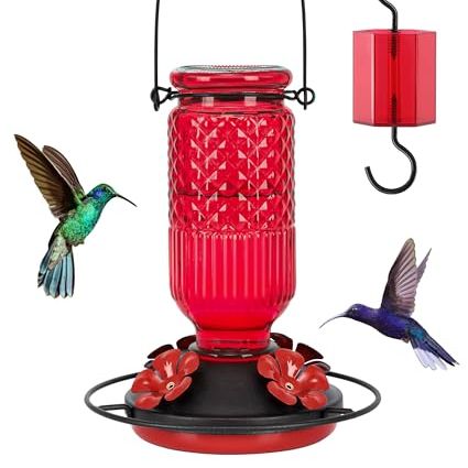 Feed Garden Glass Hummingbird Feeder for Outdoors Hanging, 16 Oz Humming Birds Feeders With 4 Bee Guard Feeding Ports &amp; Built-In Ant Moat, Bird Feeder for Outside, Gifts for Women Mom, Red