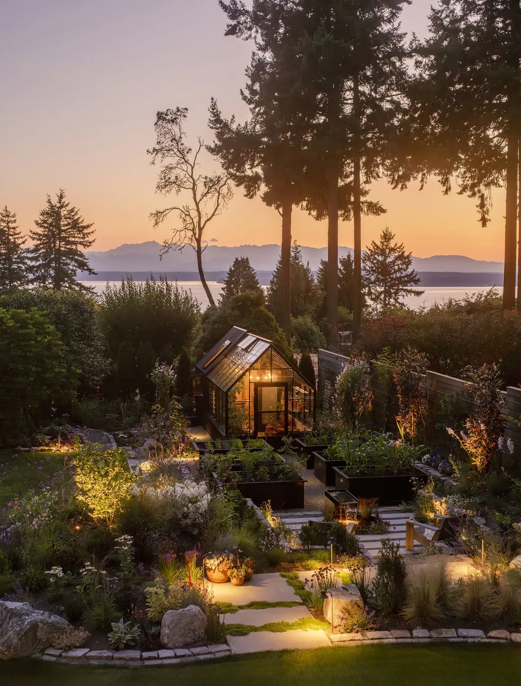 On a summer evening, the greenhouse glows like a lantern lit from within. (Kyle Johnson, courtesy of Analog Architecture and Design)
