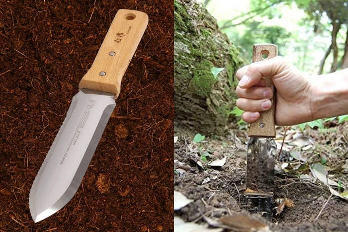 Garden knife with wooden handle shown on soil; demonstrated digging in earth
