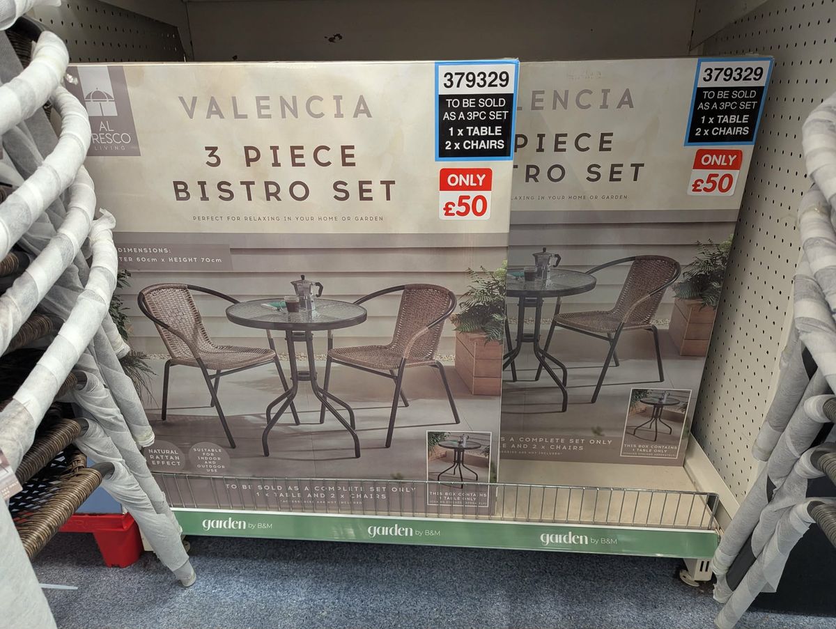 An image of a garden bistro set in a B&M store