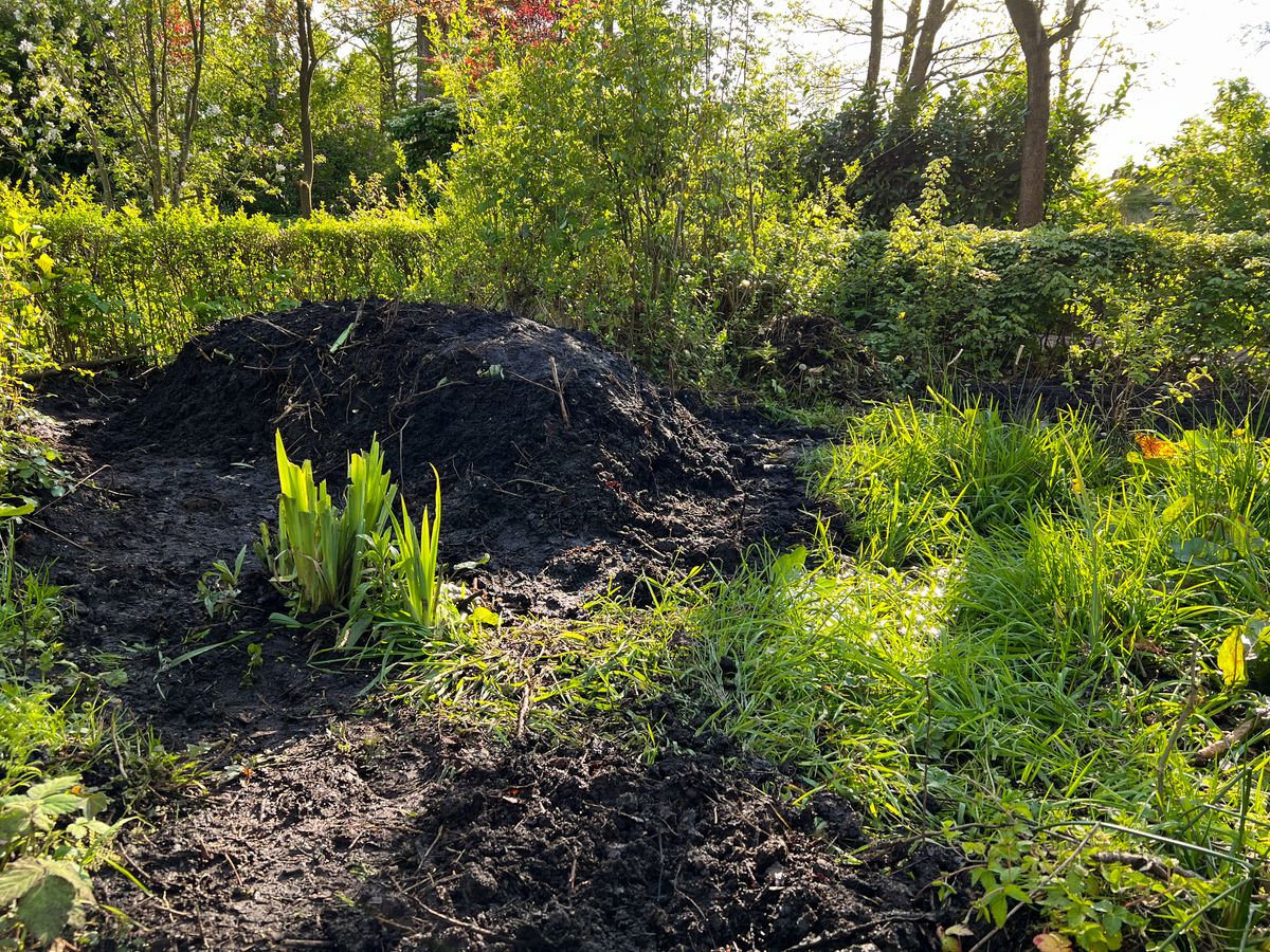 Raised garden bed or so-called 'Hügelbeet' (hill bed), for sustainable gardening without the need for fertilizer or extra irrigation.
The 'hill' is filled with, from bottom to top: large tree trunks, large branches, smaller branches, twigs, grass, leaves and compost. Over time, the organic material will slowly decay and provide plant nutrients. It turns into a large sponge that will retain water and give it to the roots as well.