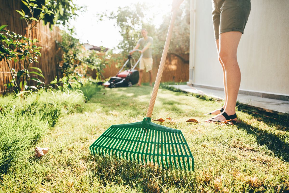 Couple taking care of their lawn. Couple cutting the grass in the Backyard.