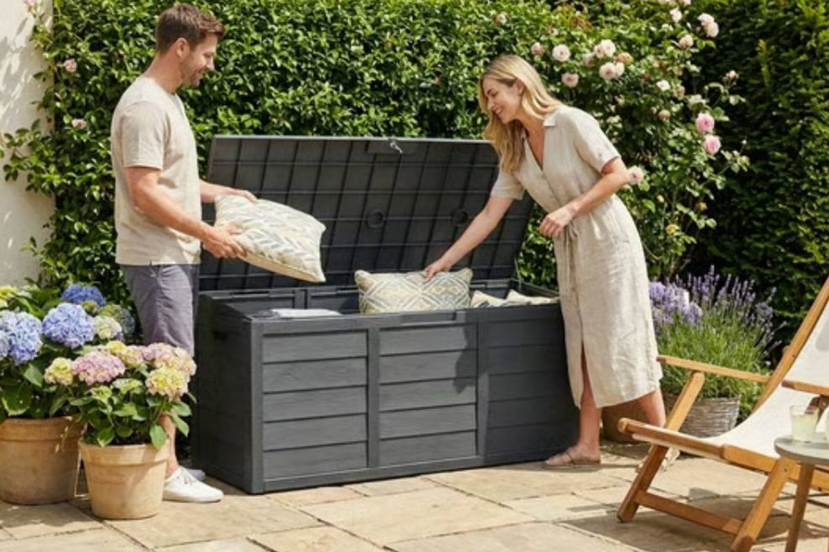 The Weatherproof Black Plastic Garden Storage Box is now reduced