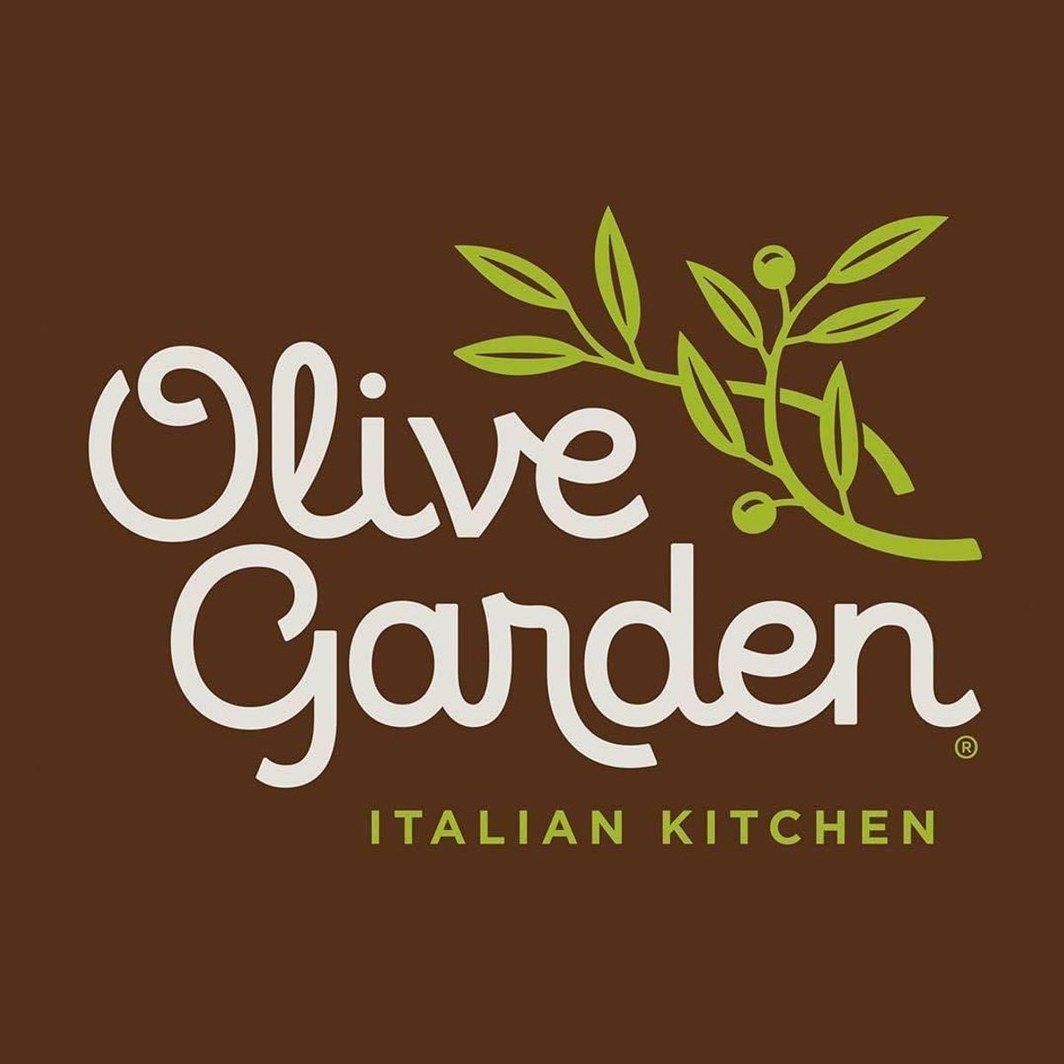 Olive Garden old logo with green olive branches on brown background