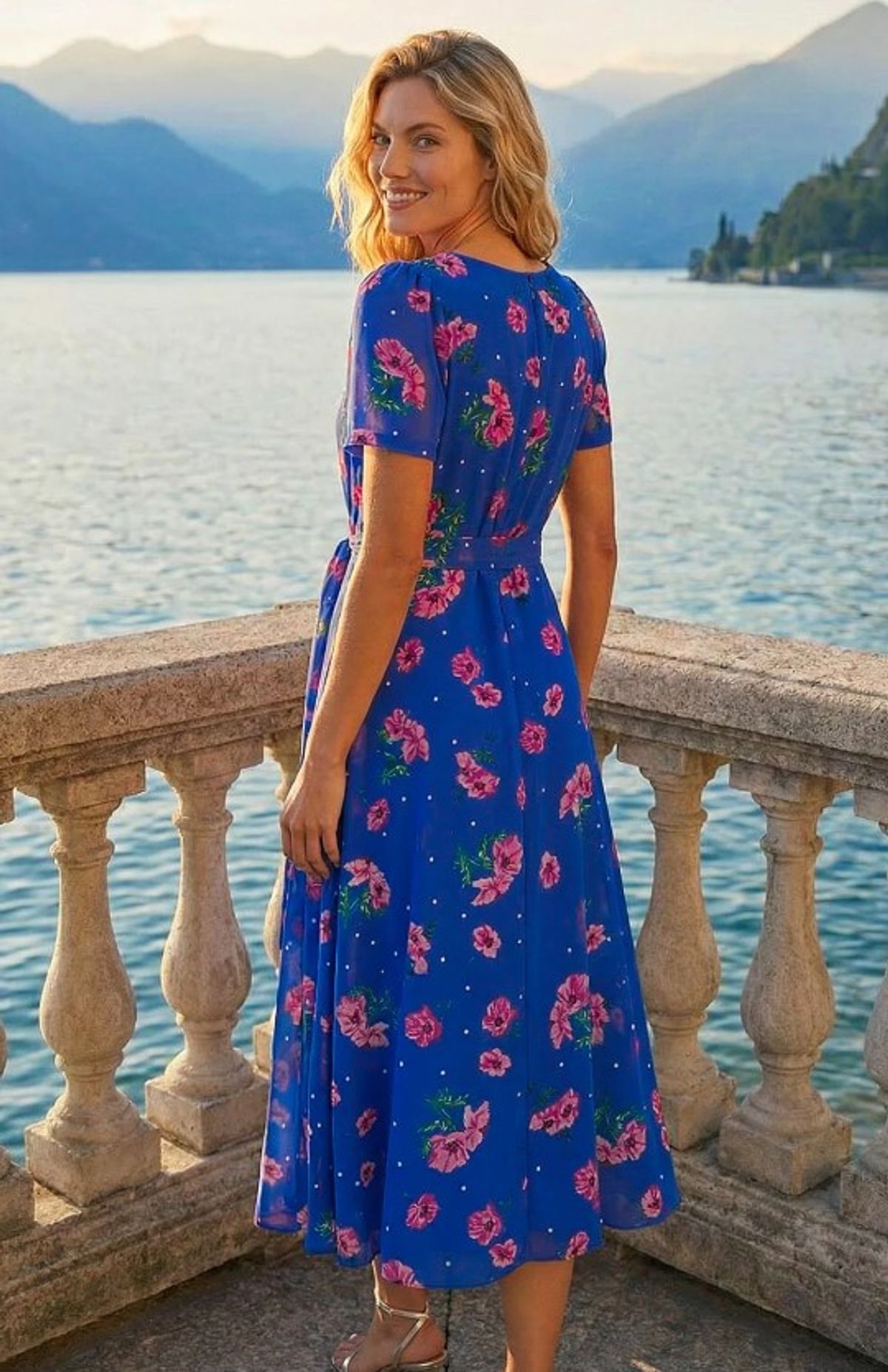Blue Floral Pleated Chiffon Dress