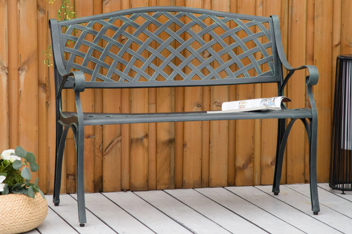The two-seater bench on a decking area