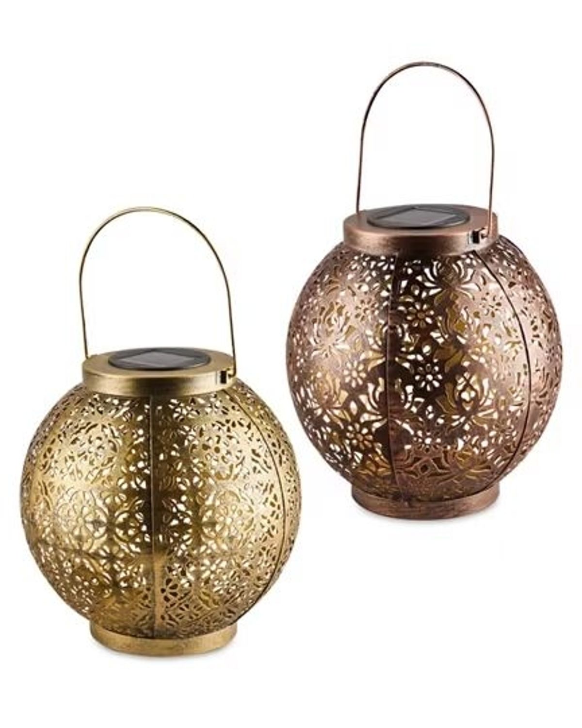 Two round patterned lanterns next to each other on a white background. One is gold in colour and the other is brass in colour.