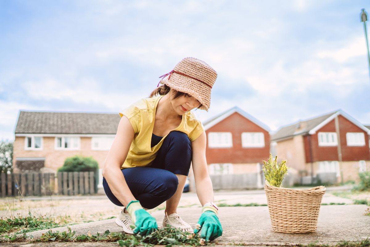 Asian woman wearing a straw hat and gardening gloves, crouching down to pull weeds from a suburban driveway. A wicker basket for collected plants sits nearby. Concepts of home maintenance, sustainable living, and active lifestyle.
