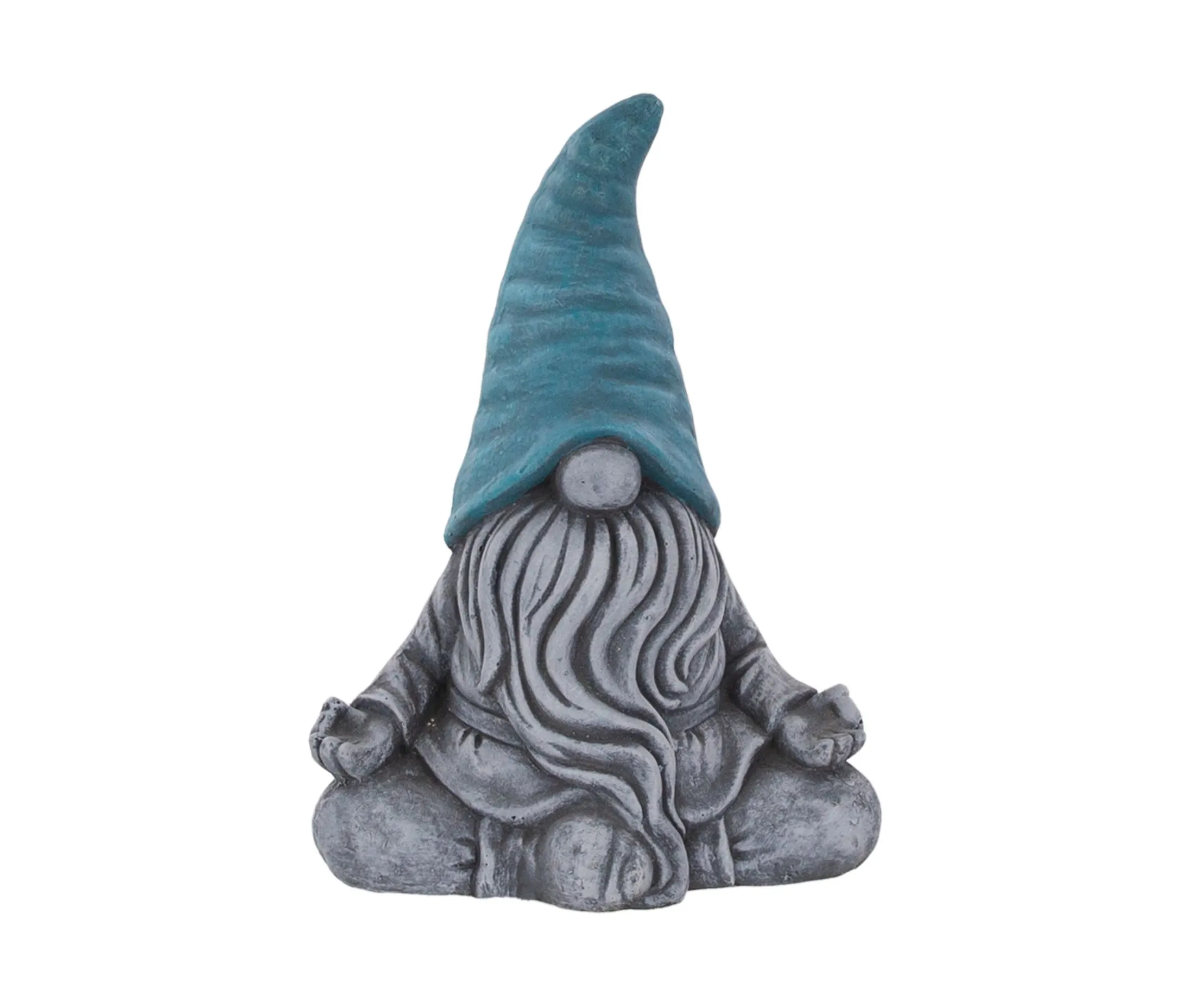 Garden gnome figurine with a blue pointed hat, grey beard, and robes, sitting in a meditative pose.