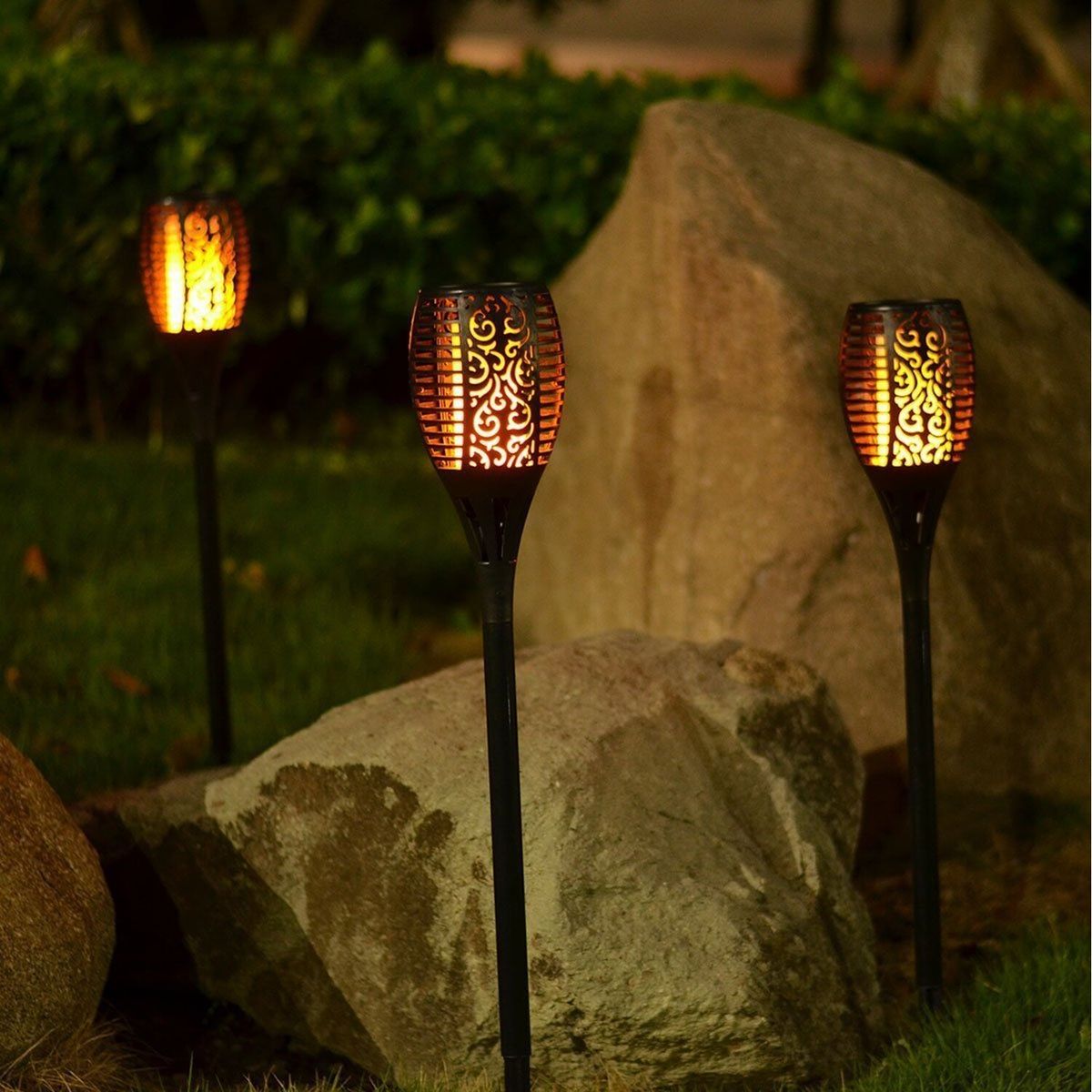 Another option is The Range's 96 LED Solar Power Flickering Flame Torch Stake Lights
