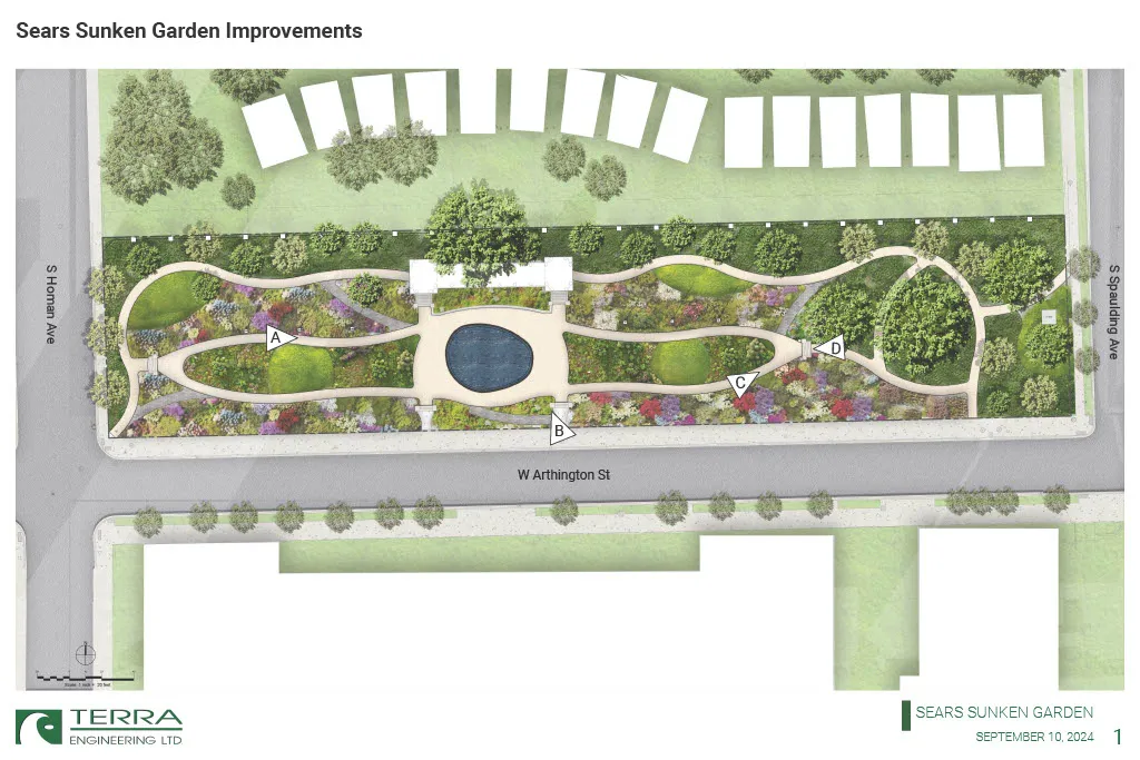 Renderings of renovations to the Sears Sunken Garden in North Lawndale at 3330 W. Arthington St.