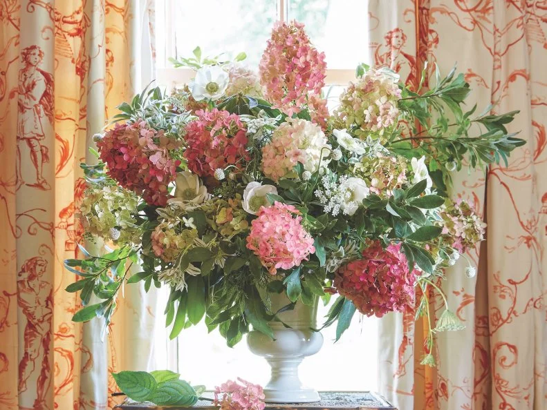 Hydrangea 'Fire Light' An arrangement of 'Fire Light' hydrangea flowers and foliage in a vase