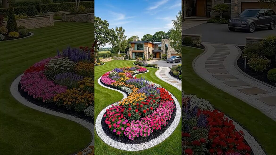 Elegant Front Yard Makeover with Flowers & Curved Design ✨🌼 #shorts