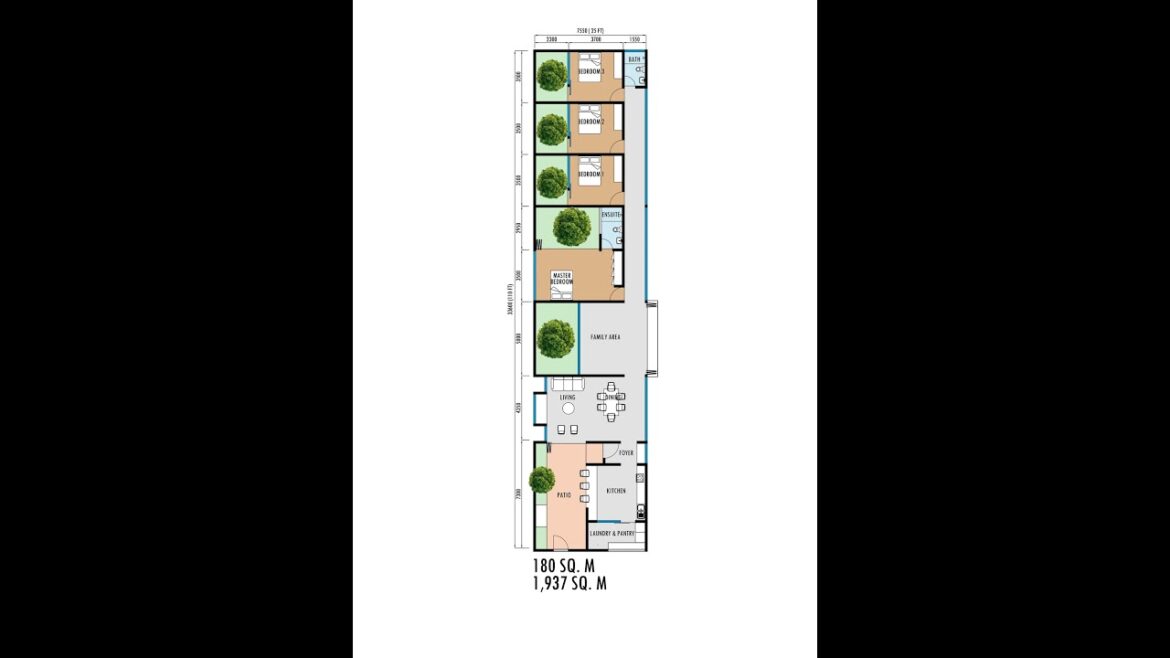 4 Bedroom Courtyard House Floor Plan | Private  Garden For Each Room