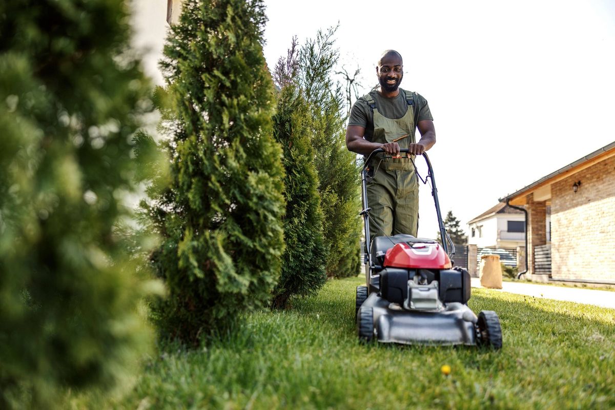 Handyman mowing green grass with lawn mower