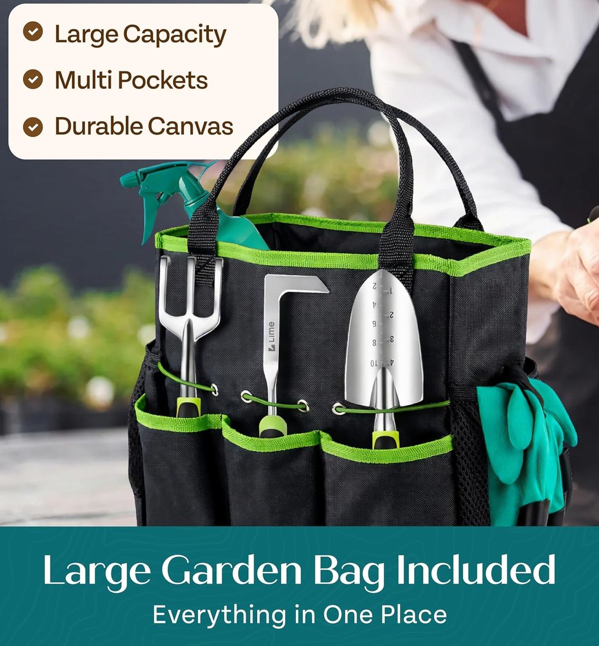 gardening tools in a black and green trimmed bag