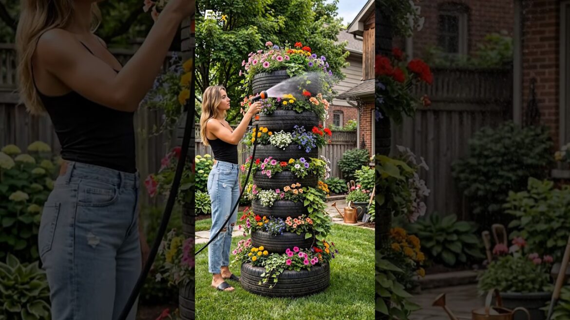 Turning Trash into Luxury ๐ DIY Tire Flower Tower ๐ Turning Trash into Luxury ๐ DIY Tire Flower Tower ๐