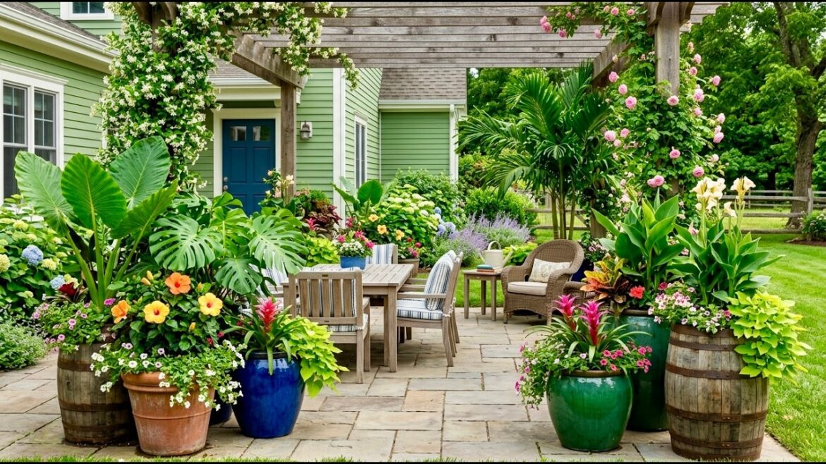Stunning Vintage Farmhouse Patio Makeover with Lush Container Gardens