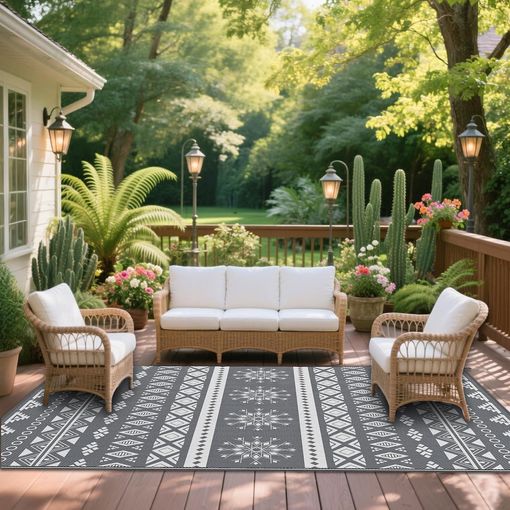 An image of an outdoor garden space with rattan furniture on a patio