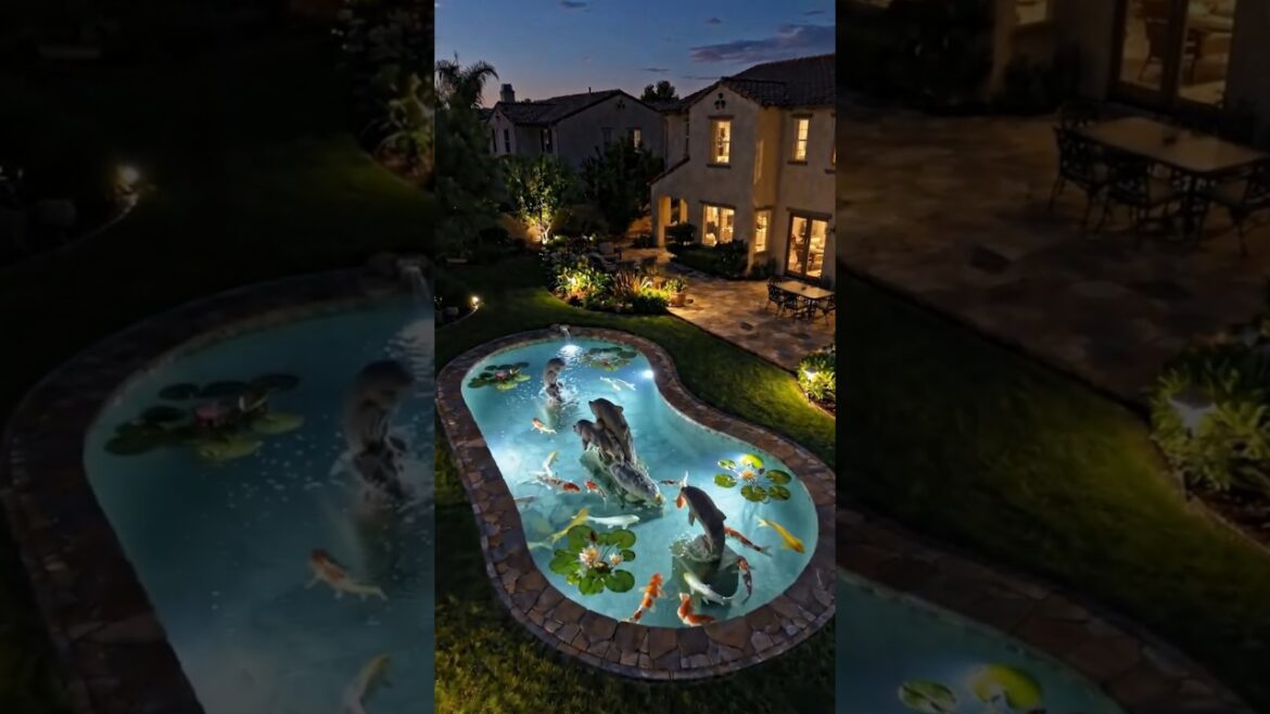 A Backyard Pond With Dolphin Sculptures🐬✨ #shorts #koifish  #backyard #satisfyingvideo #asmr