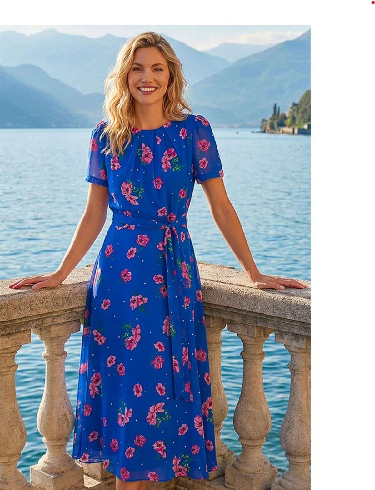 Blue Floral Pleated Chiffon Dress