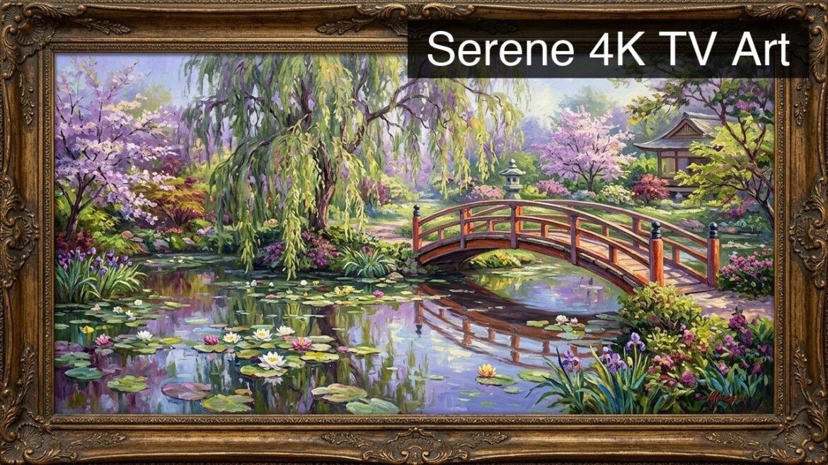 Serene Japanese Garden Bridge & Cherry Blossoms | 4K Frame TV Art Serene Japanese Garden Bridge & Cherry Blossoms | 4K Frame TV Art
