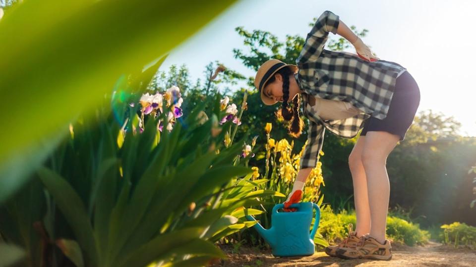 Caucasian woman stands bent over near a flowering iris bush, holding her back in pain. Bottom view. The concept of back health problems.