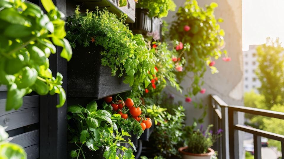 A vibrant vertical garden overflowing with fresh herbs lettuce and small tomatoes thriving on a sunny balcony in a bustling city