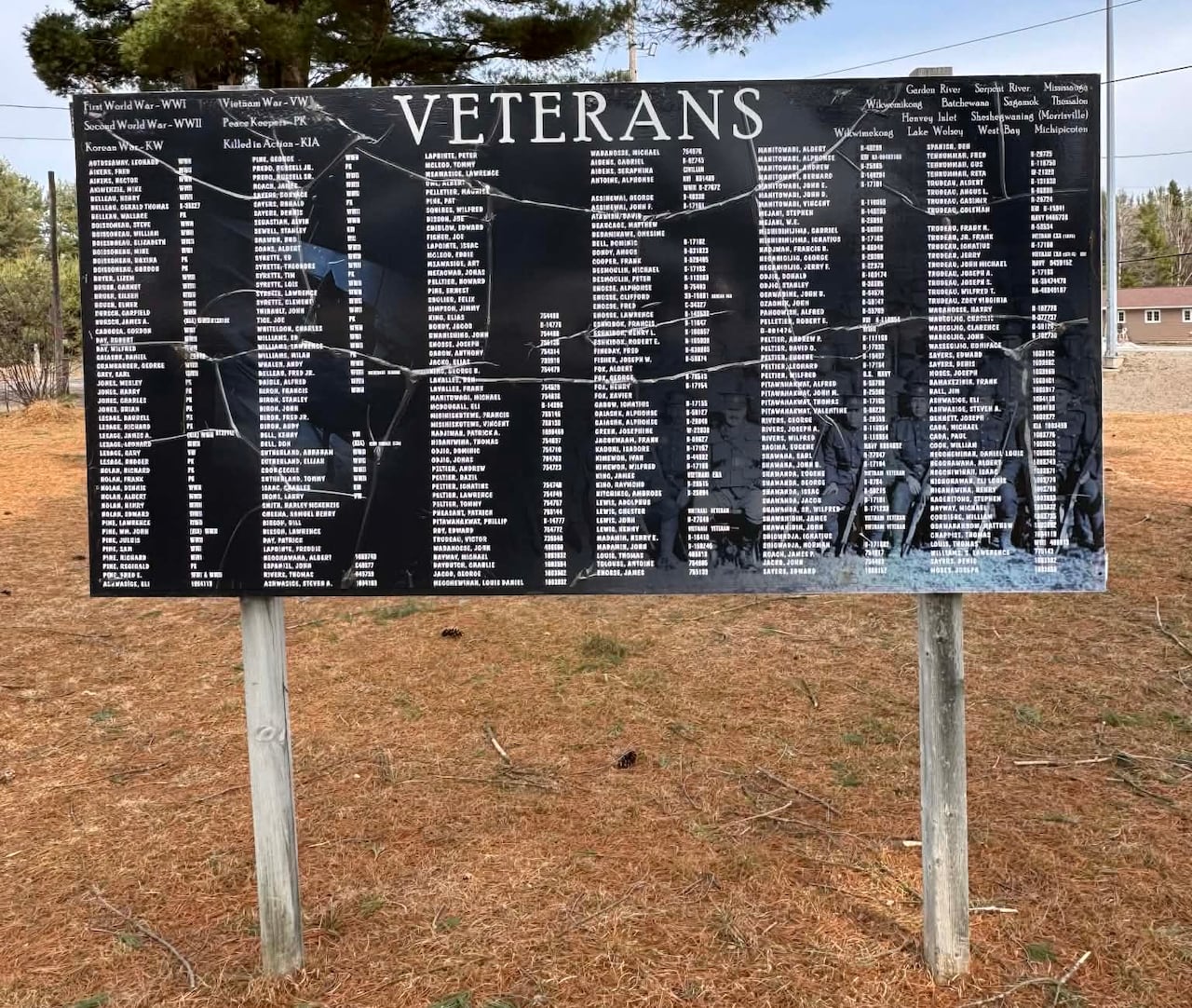 A dark sign that says veterans in large font with numerous names written below it.