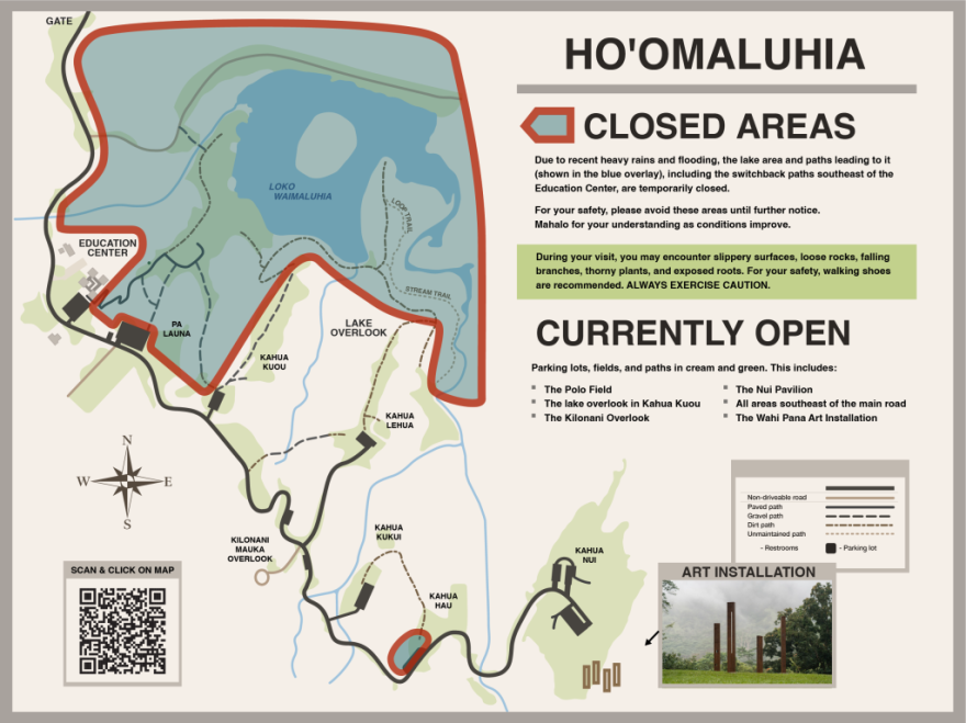 A map from the Department of Parks & Recreation indicates closed areas in Hoʻomaluhia Botanical Garden.