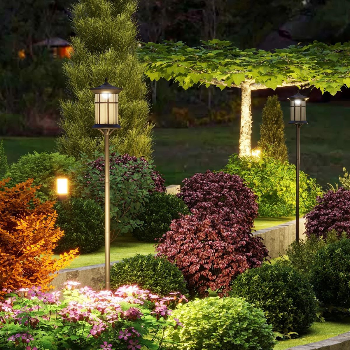 The solar lamp posts in a garden