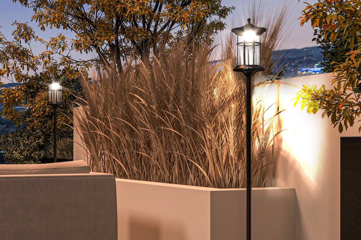 The solar lamp posts on a patio