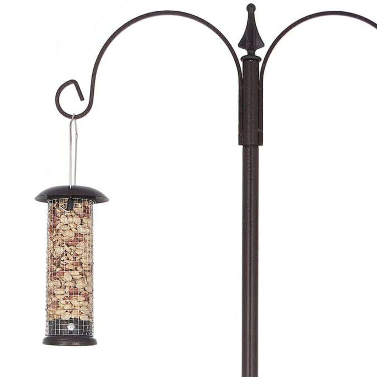 The six-foot feeder has three hanging feeders and two spots of dishes of food or water