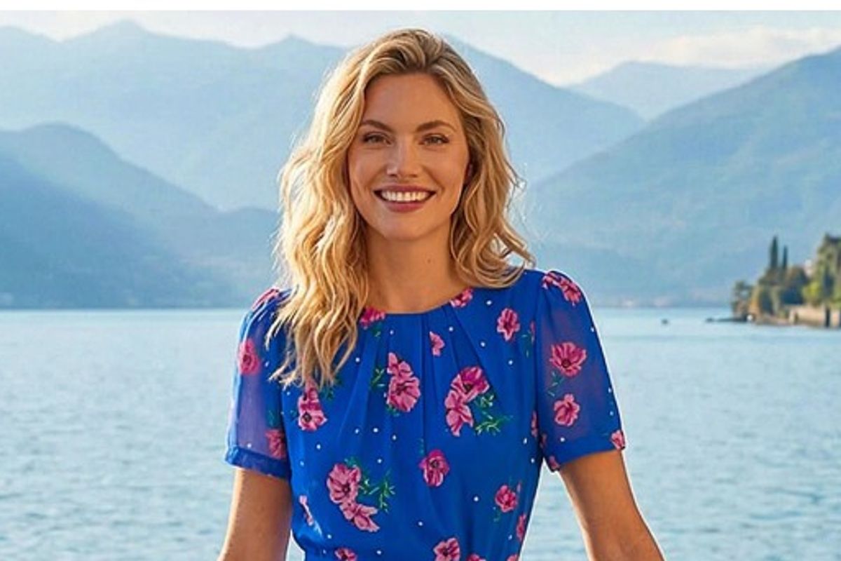 Blue Floral Pleated Chiffon Dress