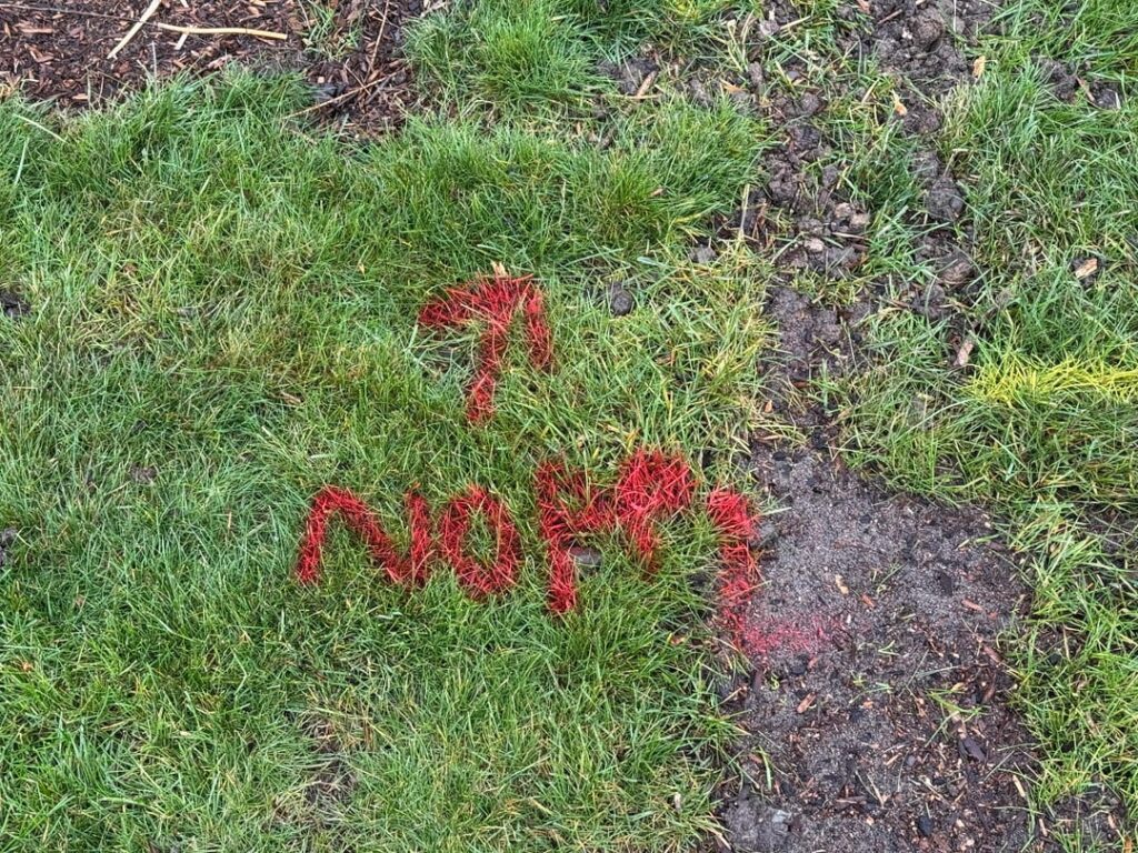 What does this red paint say from utility company?