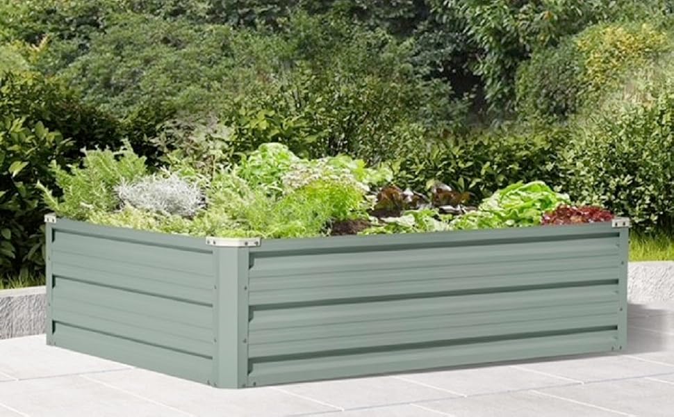 Garden Metal Raised Vegetable Planter in Sage Green Outdoor Flower Trough Herb Grow Bed Box 3 Sizes Small 60x60cm Medium 80x60cm Large 120x90cm (Medium 80x60cm x1) Raised
