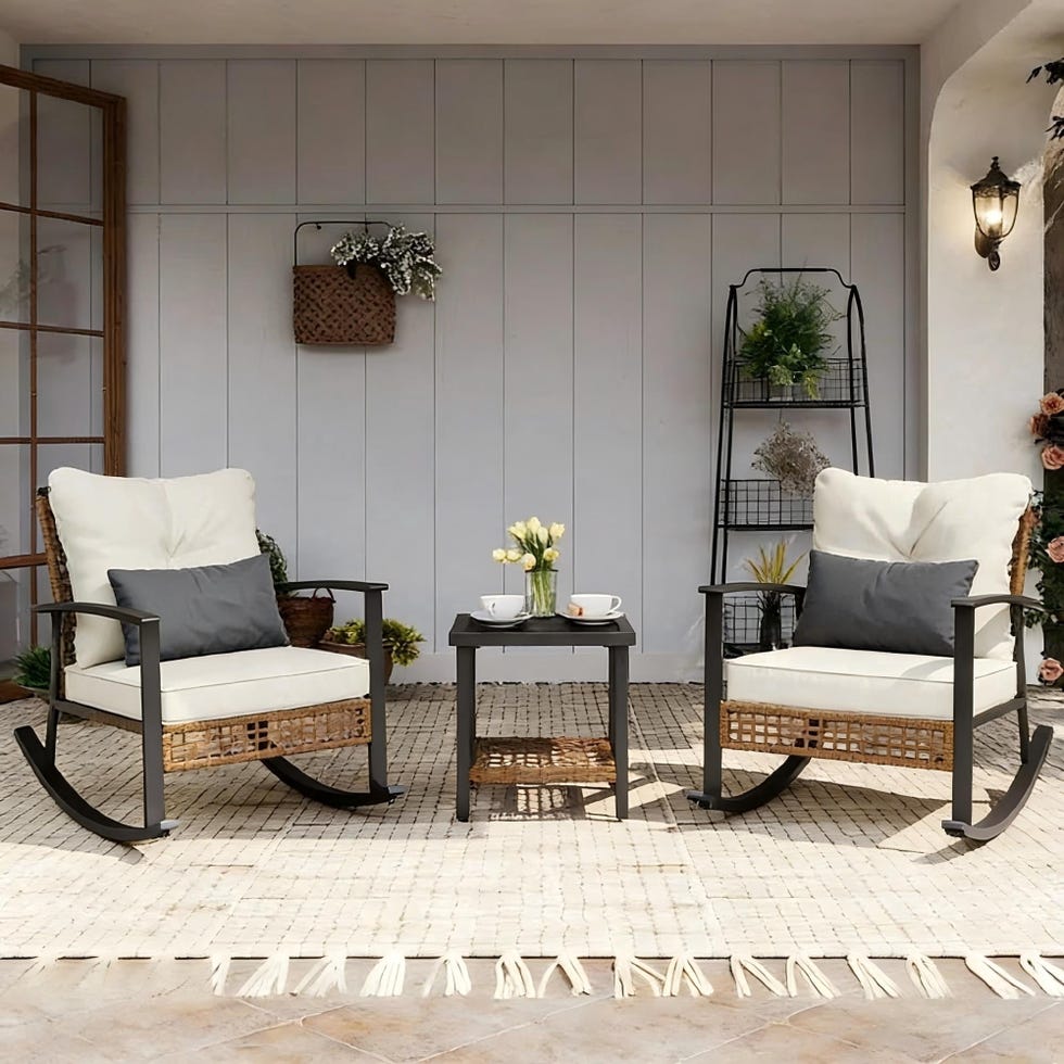 Outdoor Conversation Set with Wicker Rocking Chairs and Coffee Table Outdoor Conversation Set with Wicker Rocking Chairs and Coffee Table