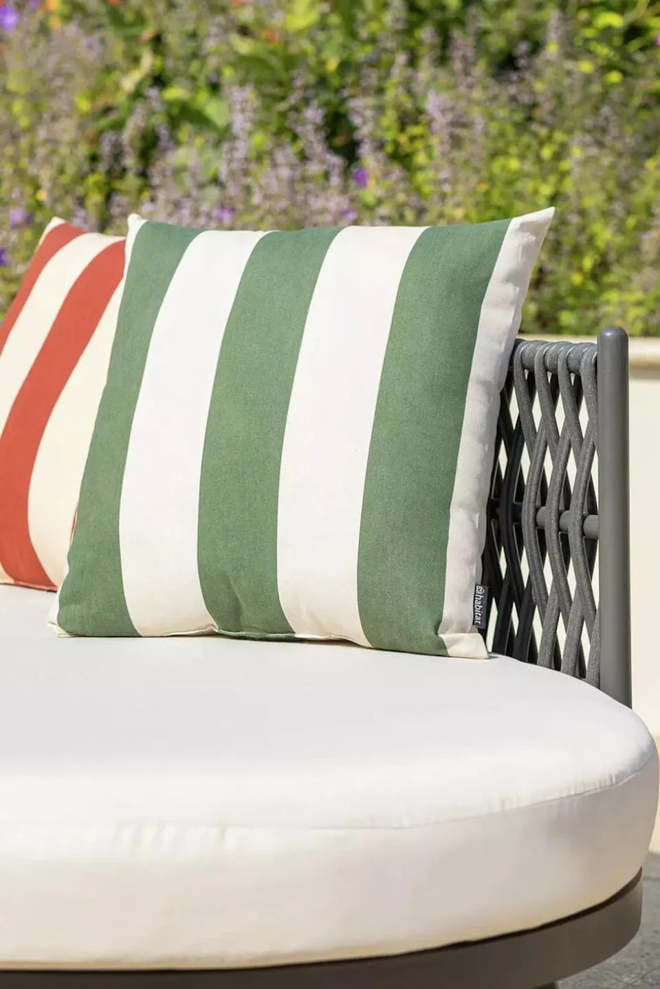 striped outdoor cushions on a round lounge chair