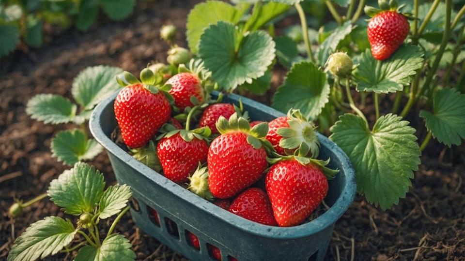 Freshly Harvested Strawberries in the Garden