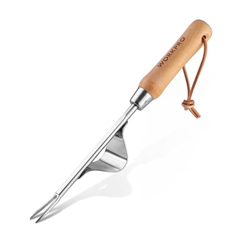Workpro Weed Remover Tool, Metal Leverage Base and V-Shaped Forks for Easy Weed Removal &amp; Deeper Root Digging, Heavy Duty Stainless Steel Weeder With Wood Handle, Manual Hand Weeder for Gardening