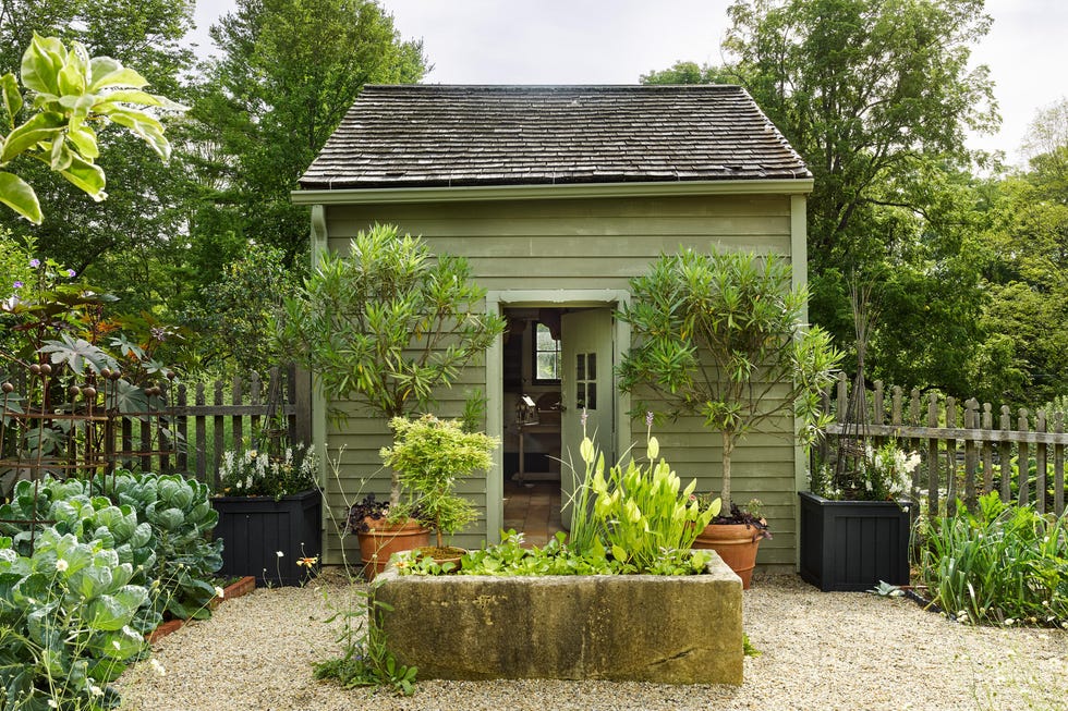 green potting shed in a lush garden green potting shed in a lush garden