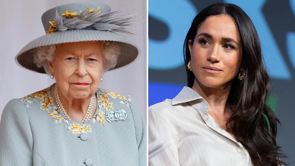 A composite of a picture of Queen Elizabeth in 2021 and a picture of Meghan Markle in 2024.
