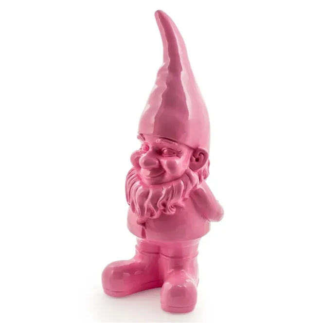 A 60cm tall, bright pink fiberglass gnome figure with a pointed hat, beard, and boots, standing and smiling.