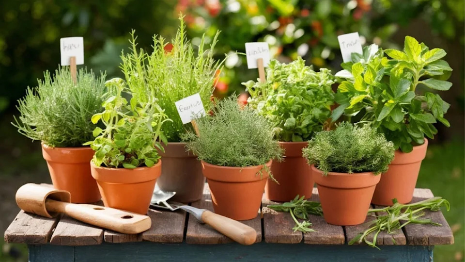 A collection of different herbs in terracotta pots on a rustic wooden table