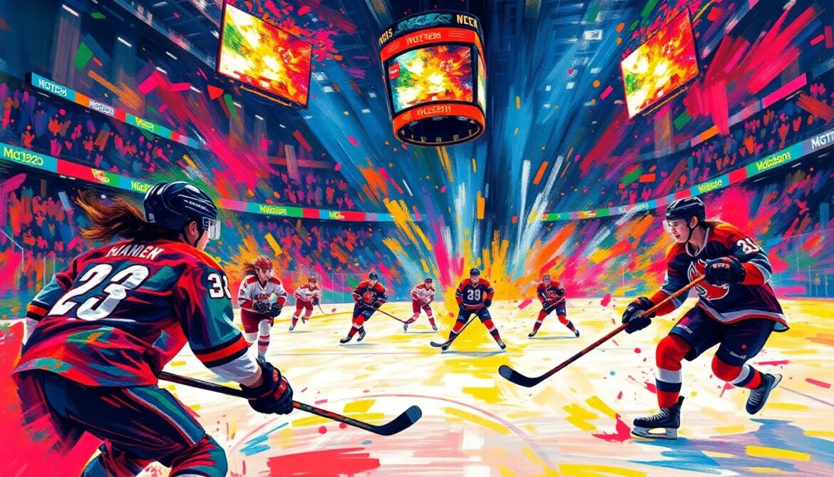 PWHL Game at Madison Square Garden Sets U.S. Pro Women’s Hockey Attendance Record An abstract expressionist painting in vibrant neon colors, with rapid brushstrokes capturing the dynamic movement and energy of a women