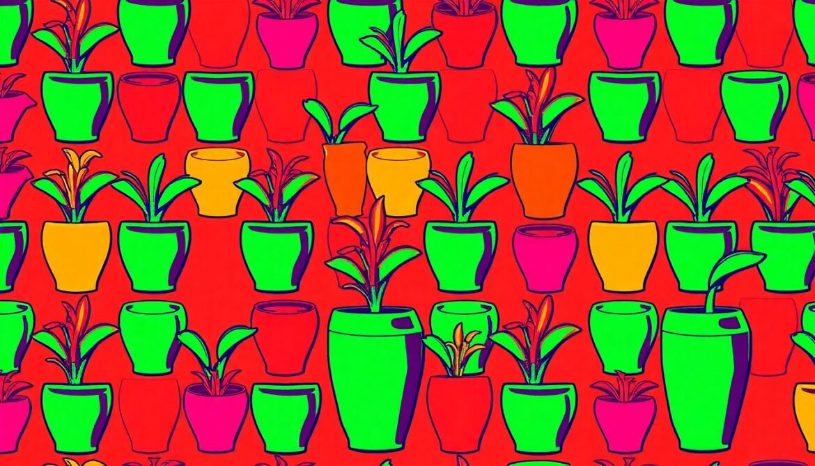 Trendy Gardener Launches The Living Form Catalog for Design-Led Plant Installations A vibrant, high-contrast silkscreen print featuring a repeating grid of a single sculptural plant vessel in bold neon colors, conceptually representing Trendy Gardener